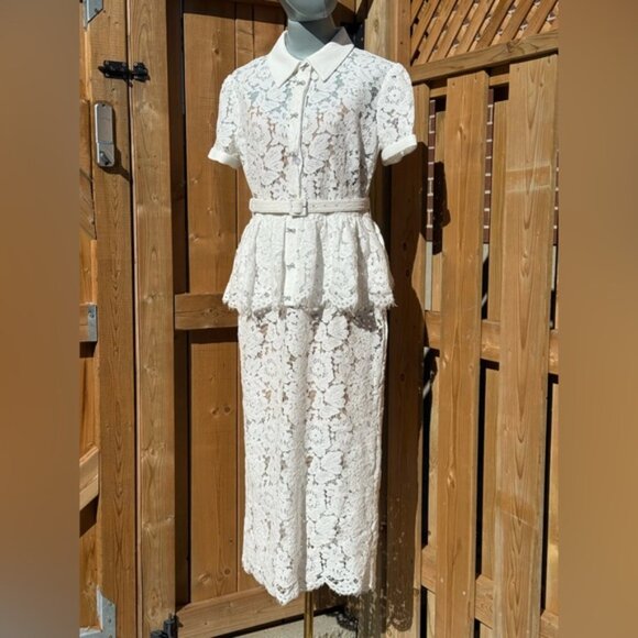 🆕 SELF-PORTRAIT 🧿 NWOT White Lace Peplum Belted Midi Dress, Sz UK 10 US 6 - Picture 3 of 16